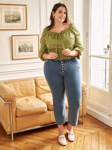 大碼褶邊前繫帶打褶燈籠袖襯衫 - 橄欖綠 - 查看 3