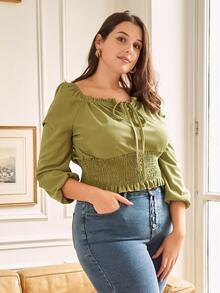 大碼褶邊前繫帶打褶燈籠袖襯衫 - 橄欖綠 - 查看 4