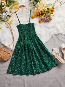 波卡圓點打褶吊帶連衣裙 - 墨綠色 - 查看 1
