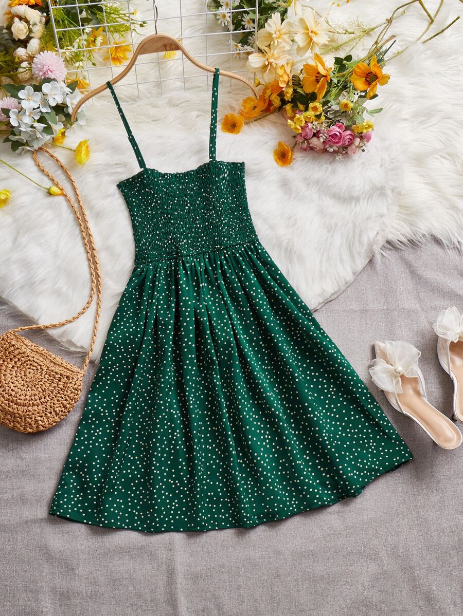 波卡圓點打褶吊帶連衣裙 - 墨綠色 - 查看 1