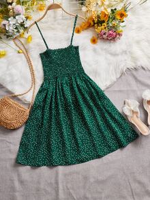 波卡圓點打褶吊帶連衣裙 - 墨綠色 - 查看 2