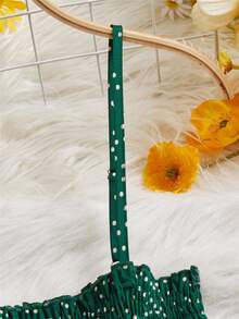 波卡圓點打褶吊帶連衣裙 - 墨綠色 - 查看 3