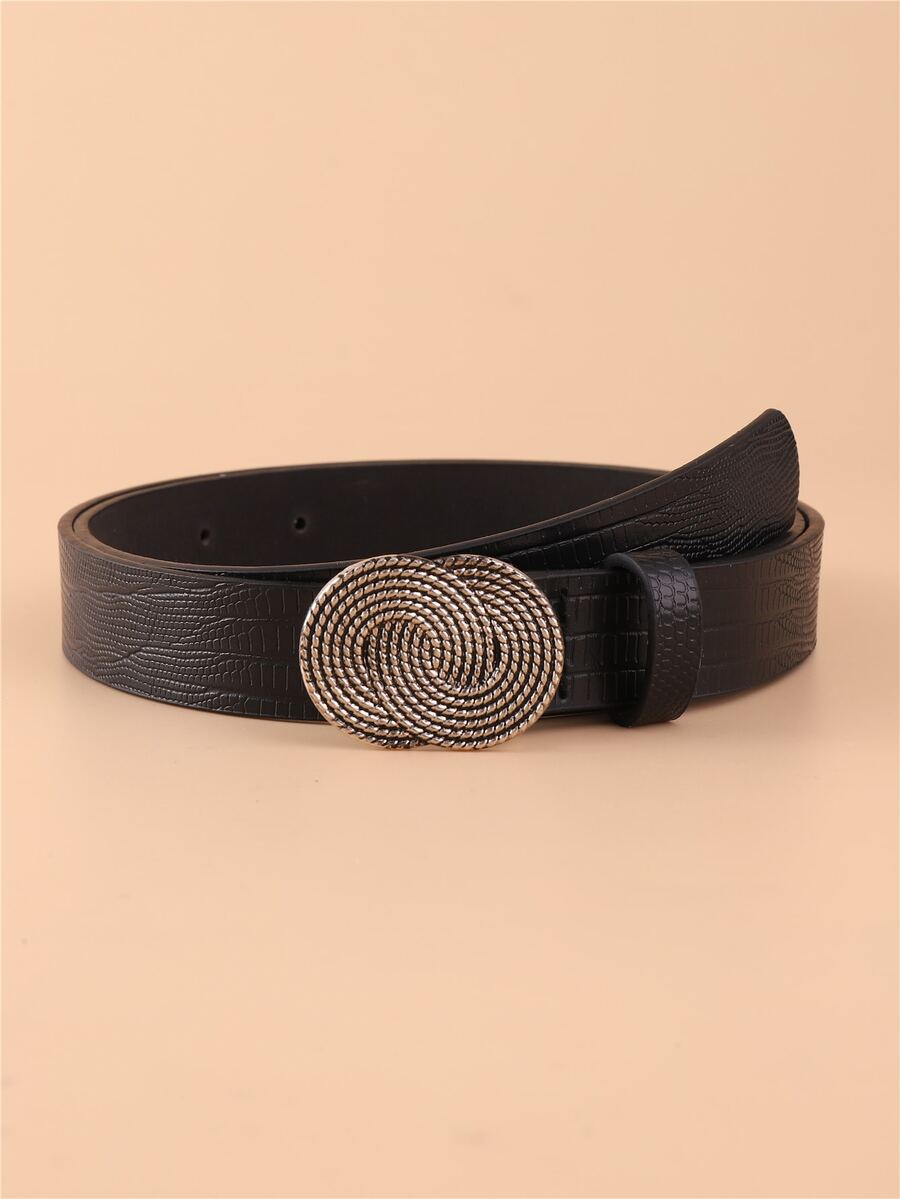 Textured Round Buckle Belt With Punch Tool - Black - View 1