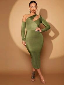SHEIN SXY 鏤空不對稱領緊身洋裝 - 橄欖綠 - 查看 2