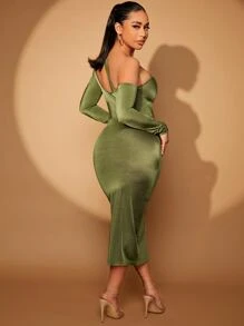 SHEIN SXY 鏤空不對稱領緊身洋裝 - 橄欖綠 - 查看 3