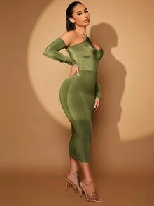 SHEIN SXY 鏤空不對稱領緊身洋裝 - 橄欖綠 - 查看 4