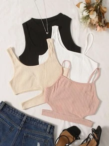 SHEIN EZwear 4pcs Ribbed Knit Crop Tank Top & Cami Top Set - Multicolor - View 1
