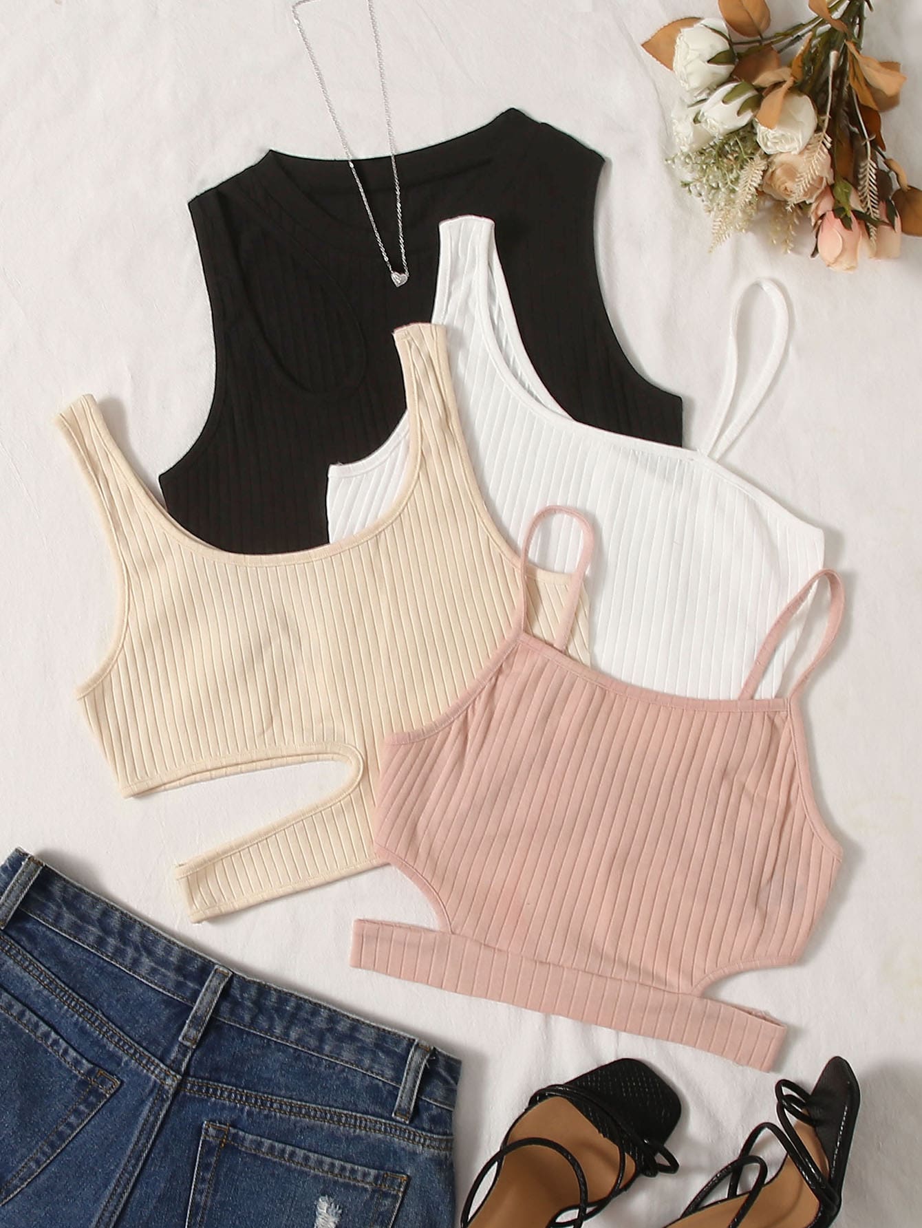 SHEIN EZwear 4pcs Ribbed Knit Crop Tank Top & Cami Top Set - Multicolor - View 1