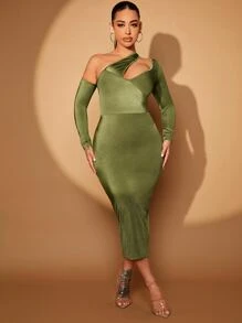 SHEIN SXY 鏤空不對稱領緊身洋裝 - 橄欖綠 - 查看 1
