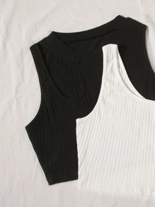 SHEIN EZwear 4pcs Ribbed Knit Crop Tank Top & Cami Top Set - Multicolor - View 3