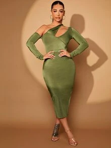 SHEIN SXY 鏤空不對稱領緊身洋裝 - 橄欖綠 - 查看 5