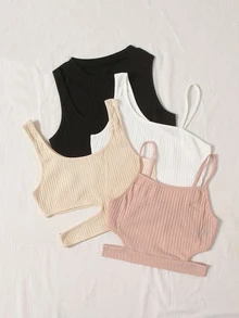 SHEIN EZwear 4pcs Ribbed Knit Crop Tank Top & Cami Top Set - Multicolor - View 4