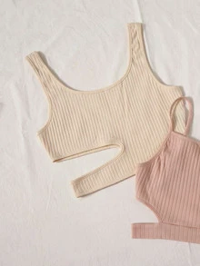 SHEIN EZwear 4pcs Ribbed Knit Crop Tank Top & Cami Top Set - Multicolor - View 5