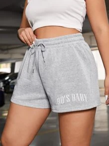 SHEIN EZwear Quần Short kích thước lớn Dây kéo Lá thư Thể thao - Màu Xám nhạt - Xem 3