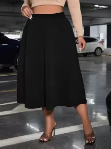 SHEIN Privé 大碼高腰素色半身裙 - 黑色 - 查看 1