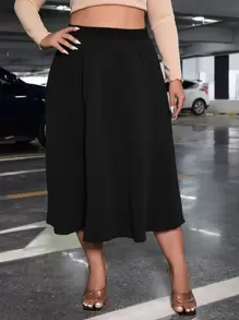 SHEIN Privé 大碼高腰素色半身裙 - 黑色 - 查看 3