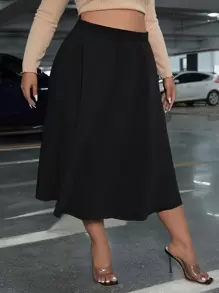 SHEIN Privé 大碼高腰素色半身裙 - 黑色 - 查看 4