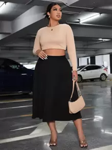 SHEIN Privé 大碼高腰素色半身裙 - 黑色 - 查看 5