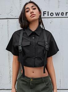 SHEIN EZwear 搭扣前短款襯衫 - 黑色 - 查看 1