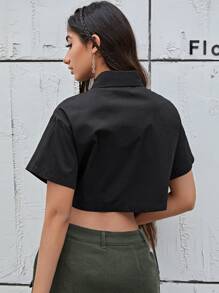 SHEIN EZwear 搭扣前短款襯衫 - 黑色 - 查看 2