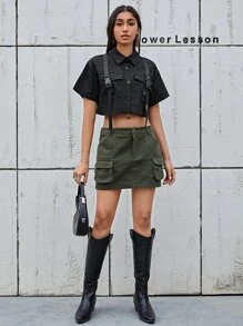 SHEIN EZwear 搭扣前短款襯衫 - 黑色 - 查看 3