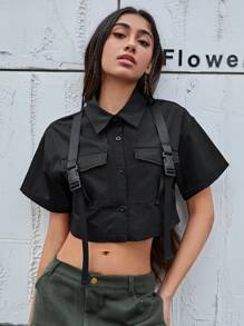 SHEIN EZwear 搭扣前短款襯衫 - 黑色 - 查看 4