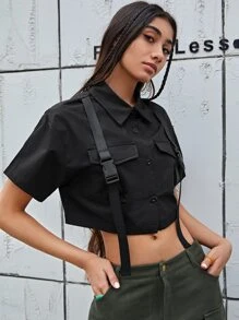 SHEIN EZwear 搭扣前短款襯衫 - 黑色 - 查看 5