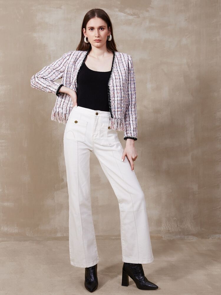 MOTF PREMIUM Abrigo tweed con fleco con parte delantera abierta - Multicolor - Añade 4