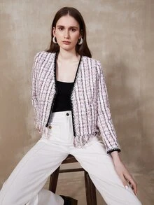 MOTF PREMIUM TWEED FRINGE OPEN FRONT OVERCOAT - Multicolor - View 10