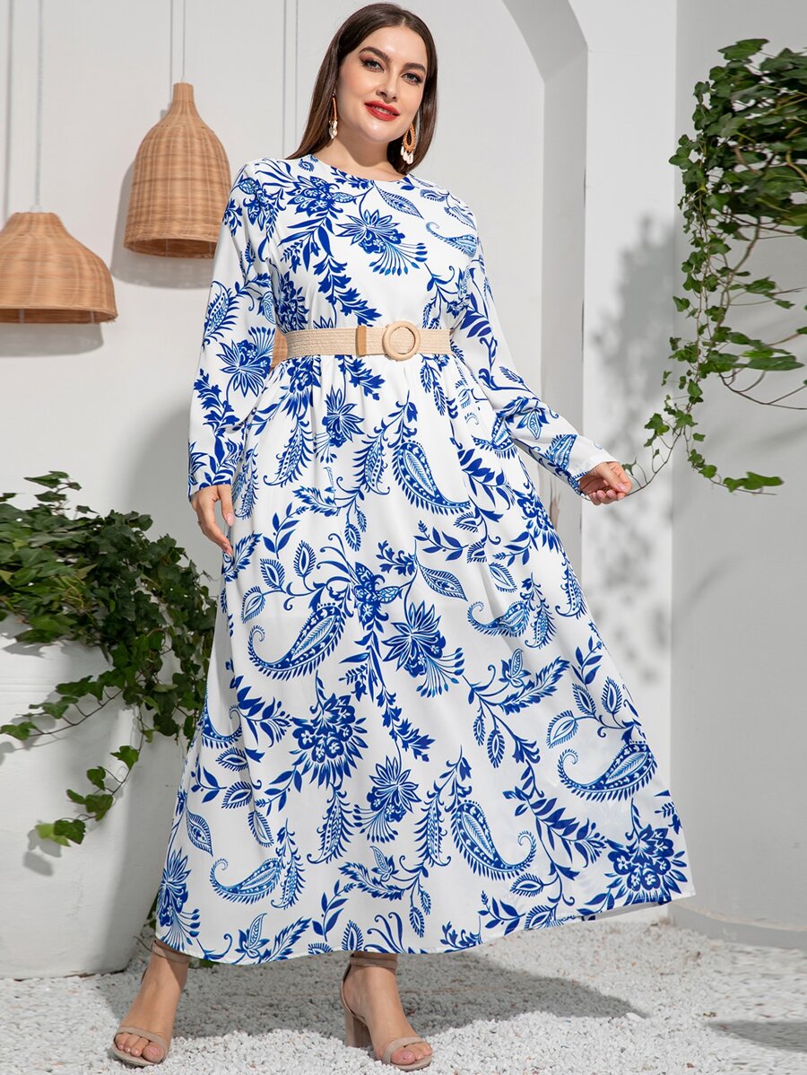 大碼花和佩斯利圖案連衣裙不附腰帶 - 藍白色 - 查看 1