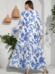 大碼花和佩斯利圖案連衣裙不附腰帶 - 藍白色 - 查看 2