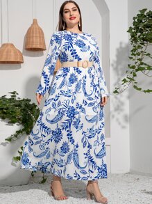 大碼花和佩斯利圖案連衣裙不附腰帶 - 藍白色 - 查看 5