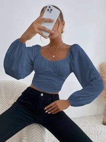 SHEIN Privé Sweetheart Neck Lantern Sleeve Crop Top - Dusty Blue - View 1