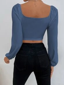SHEIN Privé Sweetheart Neck Lantern Sleeve Crop Top - Dusty Blue - View 2