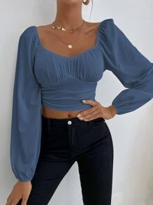SHEIN Privé Sweetheart Neck Lantern Sleeve Crop Top - Dusty Blue - View 4