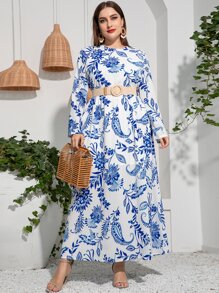 大碼花和佩斯利圖案連衣裙不附腰帶 - 藍白色 - 查看 7