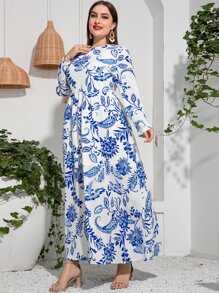 大碼花和佩斯利圖案連衣裙不附腰帶 - 藍白色 - 查看 8