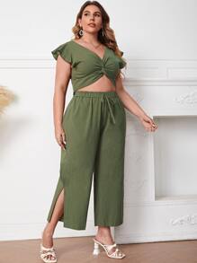 大碼前扭結蝴蝶袖短款上衣和下擺開叉長褲 - 軍綠色 - 查看 1
