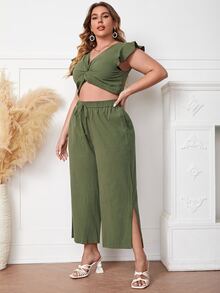 大碼前扭結蝴蝶袖短款上衣和下擺開叉長褲 - 軍綠色 - 查看 3