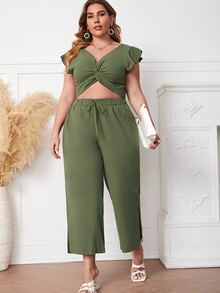 大碼前扭結蝴蝶袖短款上衣和下擺開叉長褲 - 軍綠色 - 查看 4