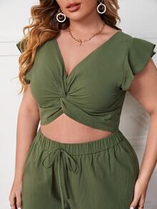 大碼前扭結蝴蝶袖短款上衣和下擺開叉長褲 - 軍綠色 - 查看 5