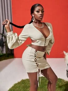 Slaydiva Bishop Sleeve Tied Open Back Crop Top - Beige - View 1