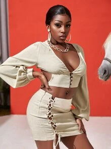 Slaydiva Bishop Sleeve Tied Open Back Crop Top - Beige - View 4