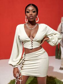 Slaydiva Bishop Sleeve Tied Open Back Crop Top - Beige - View 5