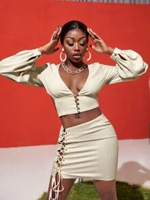 Slaydiva Bishop Sleeve Tied Open Back Crop Top - Beige - View 6