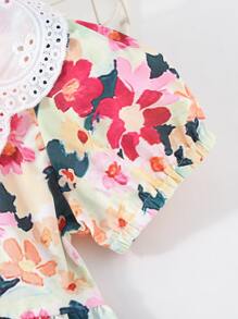 SHEIN 小女童印花網眼刺繡誇大領口泡泡袖連衣裙 - 彩色 - 查看 3