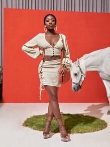 Slaydiva Bishop Sleeve Tied Open Back Crop Top - Beige - View 8