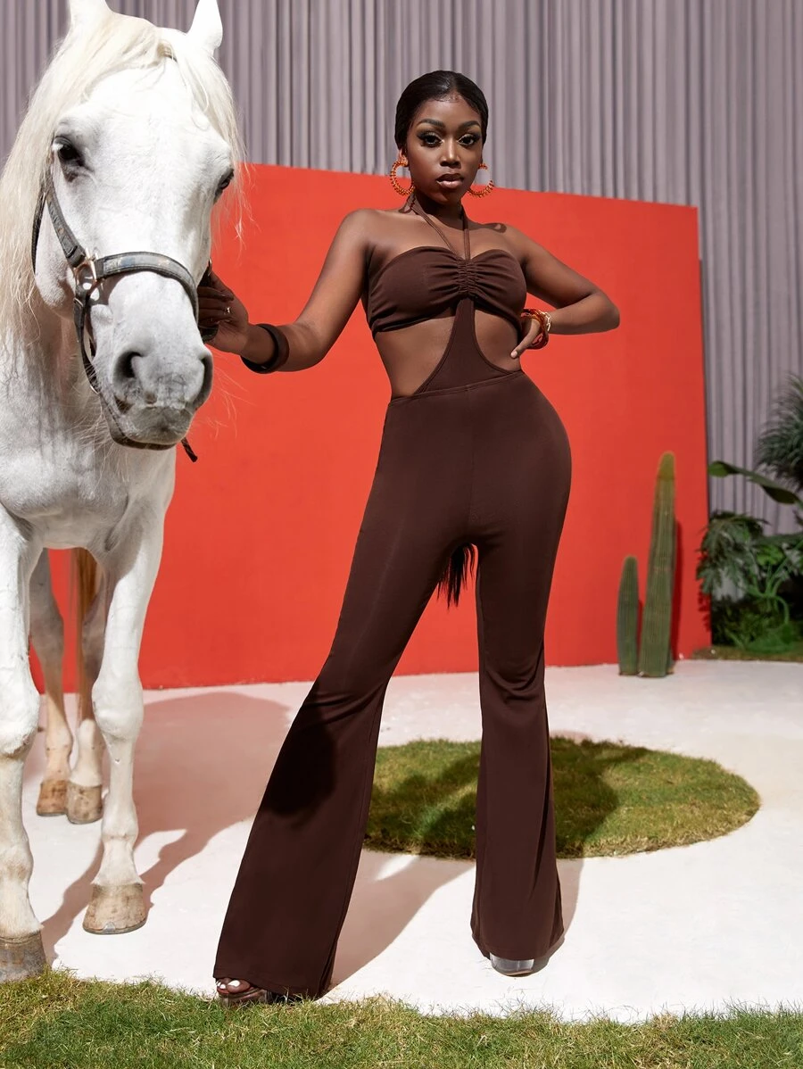 Slaydiva 繞頸後綁帶胸部褶皺鏤空連身褲