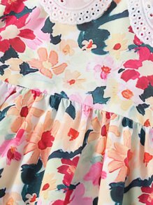 SHEIN 小女童印花網眼刺繡誇大領口泡泡袖連衣裙 - 彩色 - 查看 4