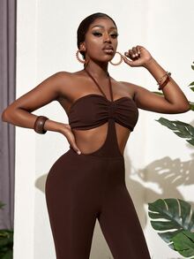 Slaydiva 繞頸後綁帶胸部褶皺鏤空連身褲